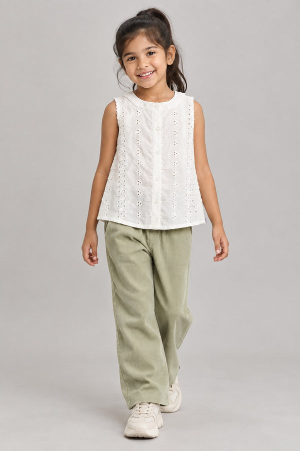 Girls Sage Green Corduroy Wide-Leg Pants