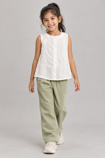Girls White Embroidered Sleeveless Top