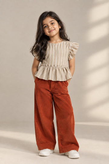 Girls Linen Cotton Blend Striped Peplum Top with Ruffle Sleeves
