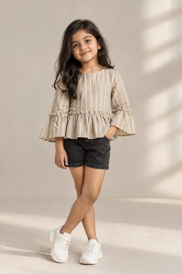 Girls Linen Cotton Blend Striped Peplum Top with Flared Sleeves.