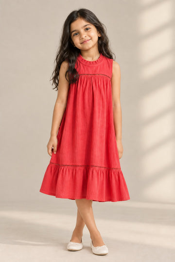 Girls Coral Red Tiered Rayon Crepe Dress