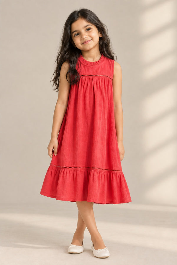Girls Coral Red Tiered Rayon Crepe Dress