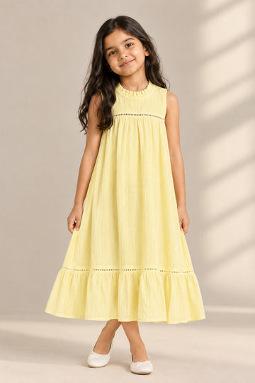 Girls Pale Yellow Rayon Crepe Tiered Dress