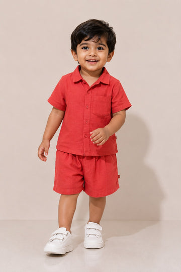 Baby Boys Coral Muslin Shirt & Shorts Co-Ord Set
