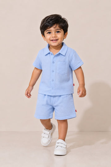 Baby Boys Light Blue Muslin Shirt & Shorts Co-Ord Set