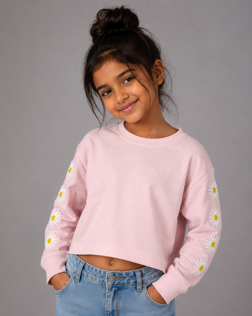 Girls Daisy Embroidered Boxy Crop Sweatshirt - Light Pink.