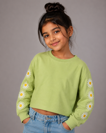 Girls Daisy Embroidered Boxy Crop Sweatshirt - Lime green.
