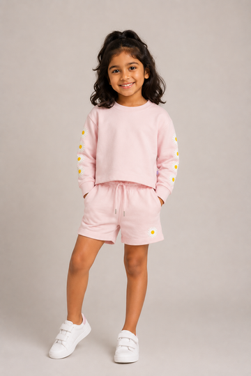 Kid Girls Daisy Embroidered Knit Shorts - Light Pink.