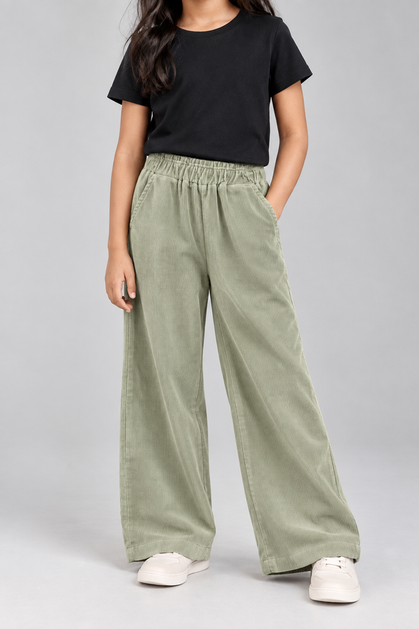 Girls Sage Green Corduroy Wide-Leg Pants